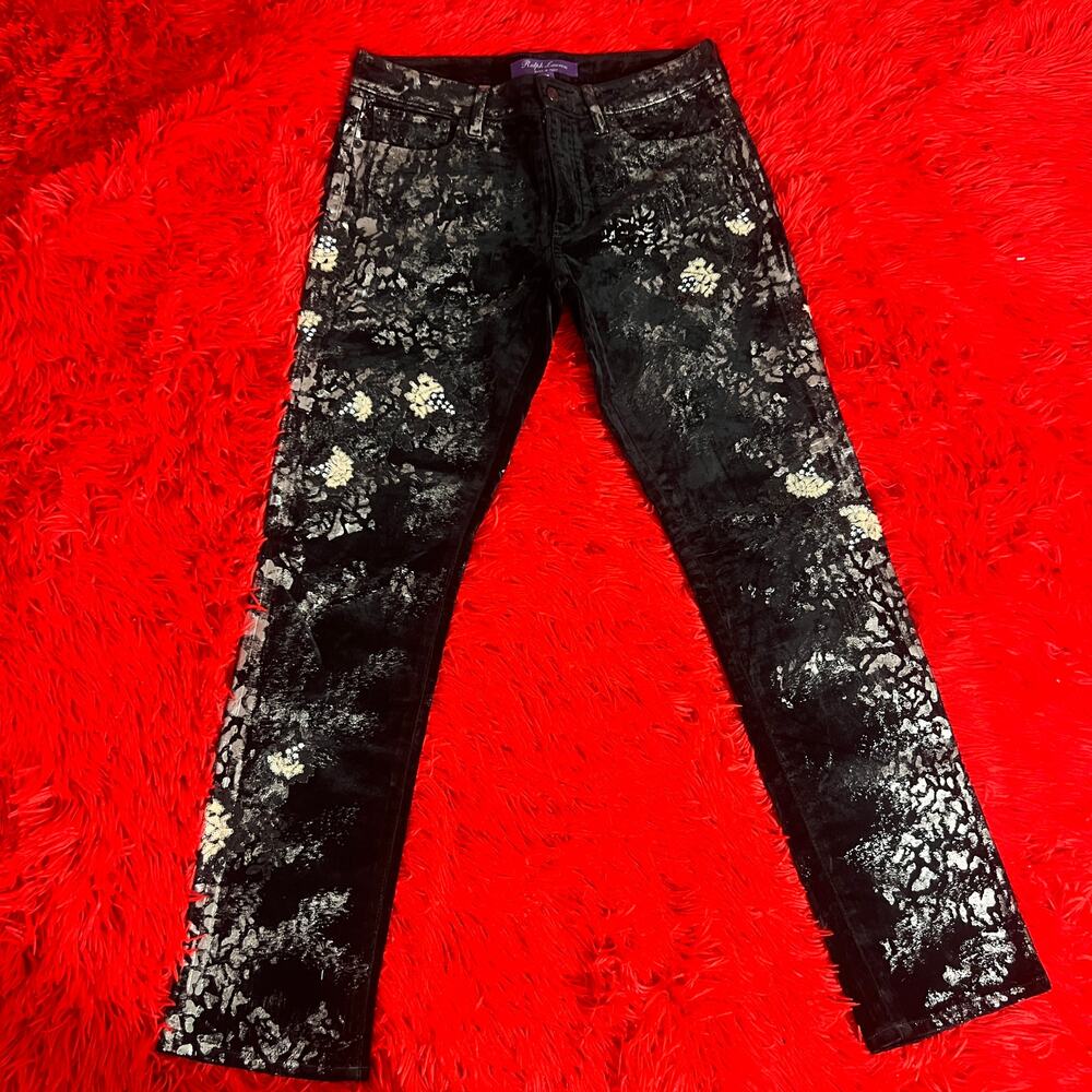 Ralph Lauren Purple Label Made in Italy Black Velvet  and Silver Skinny Pants 28